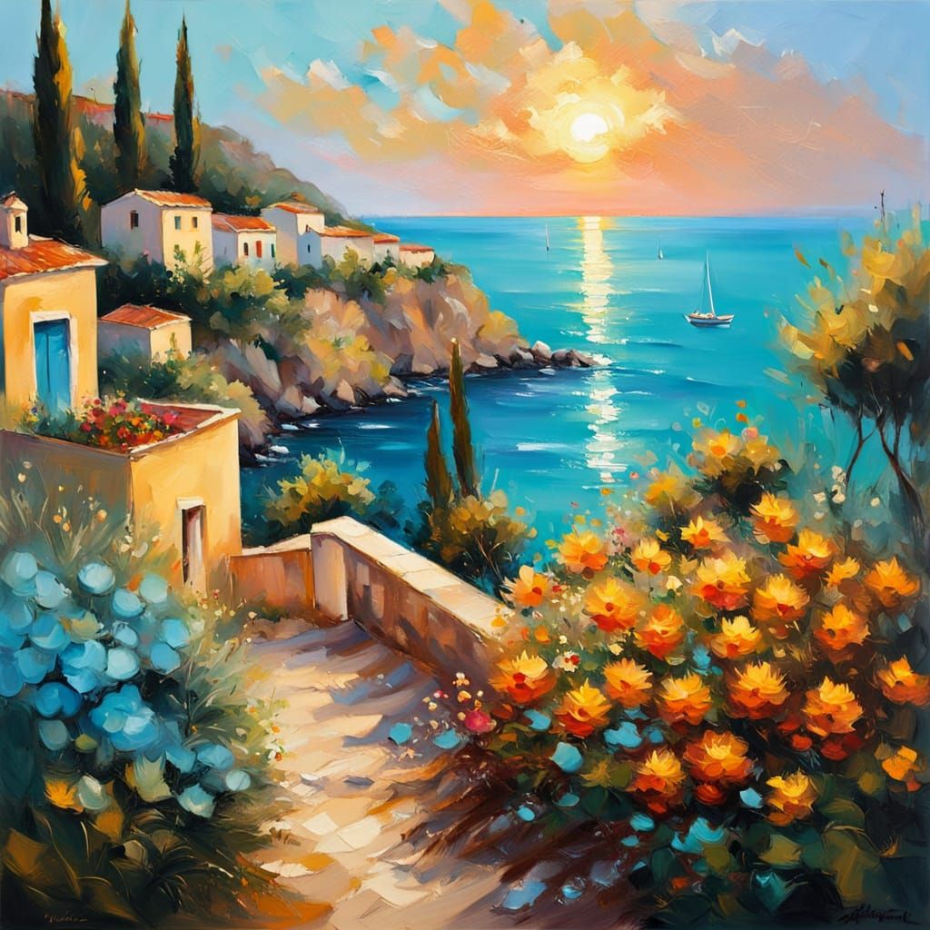 Mediterranean Cottage with Flowers at Sunset