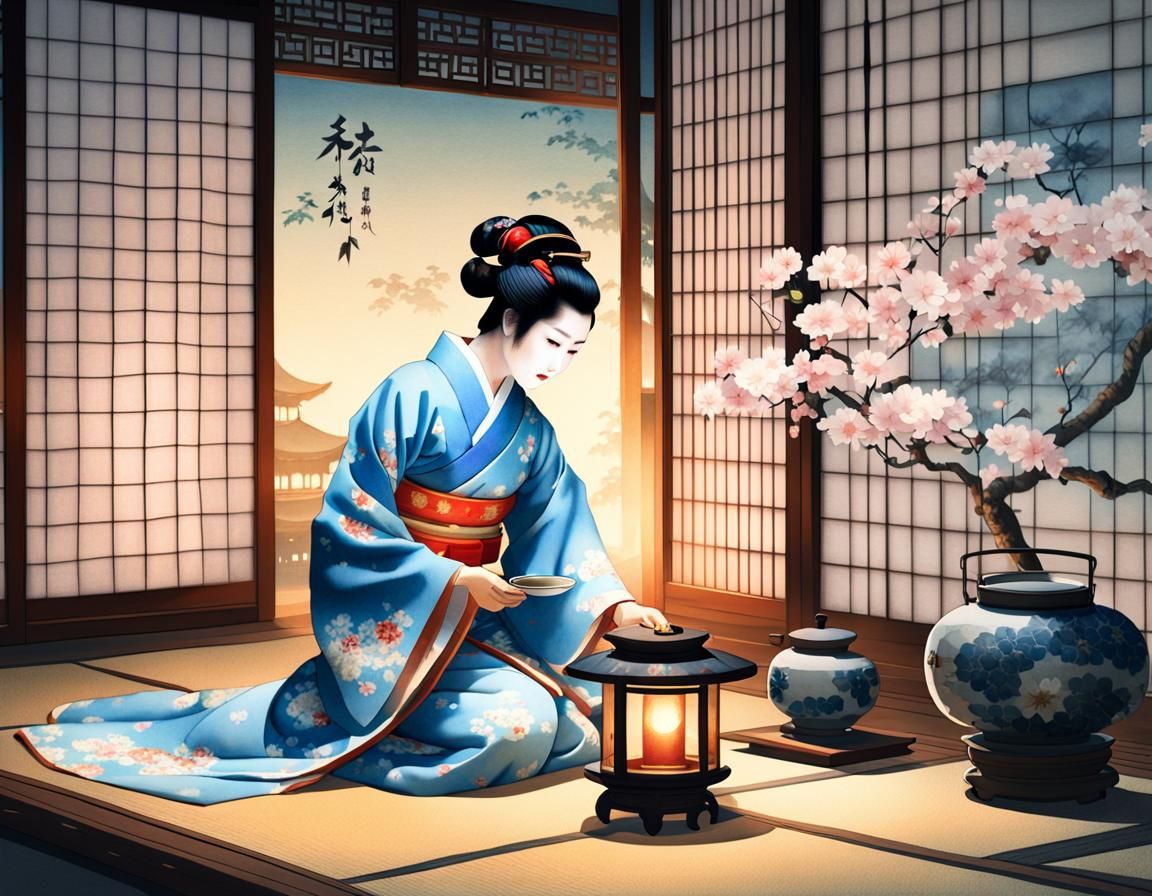 Japanese Tea Ceremony by Firelight, Watercolor Style