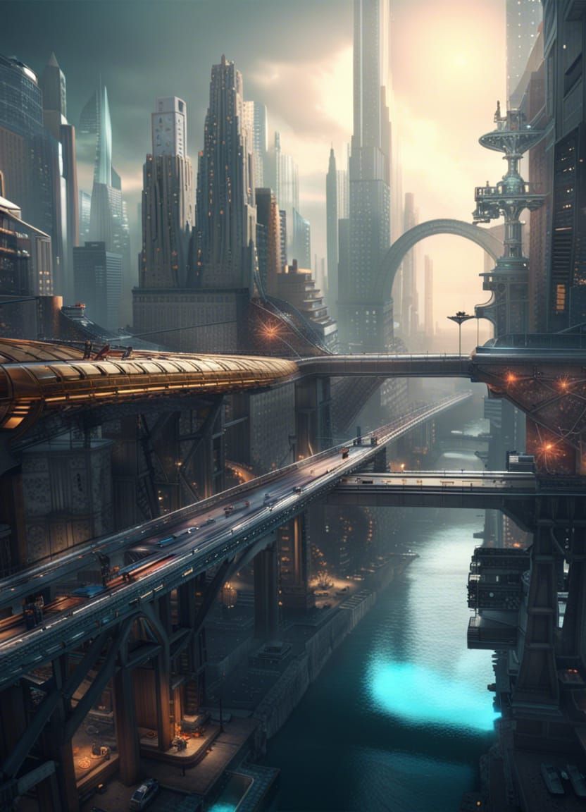 Futuristic City of Bridges in Cyberpunk Style