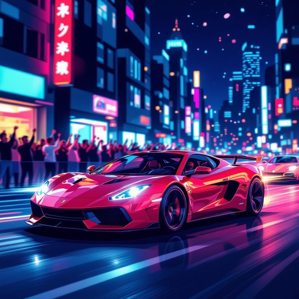 Red Sports Car Races Through Neon Cityscape