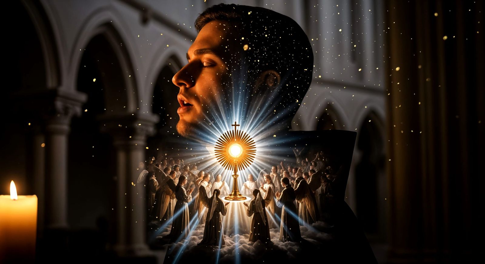 Sacred Artwork: Monk Singing Hymn with Eucharistic Vision