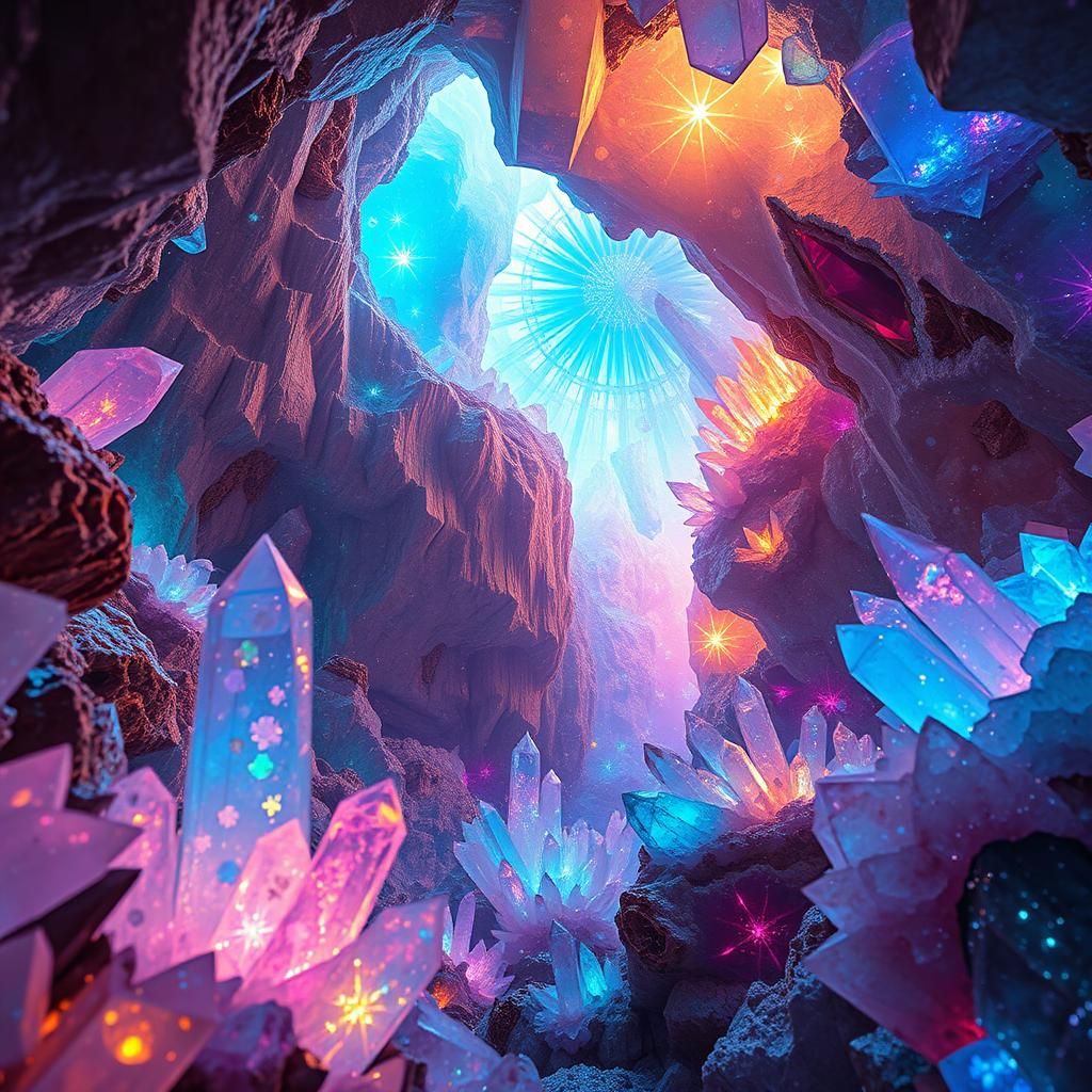 Luminous Crystal Cave Reflecting Iridescent Colors