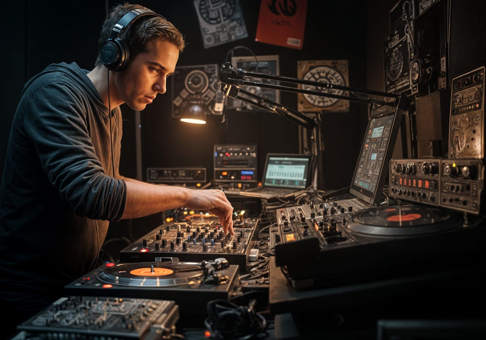 DJ Mixing Music in Radio Studio with Turntables