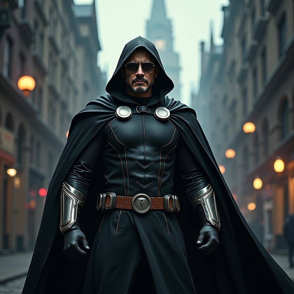 Dr. Doom in Ominous Cityscape: Cinematic Illustration
