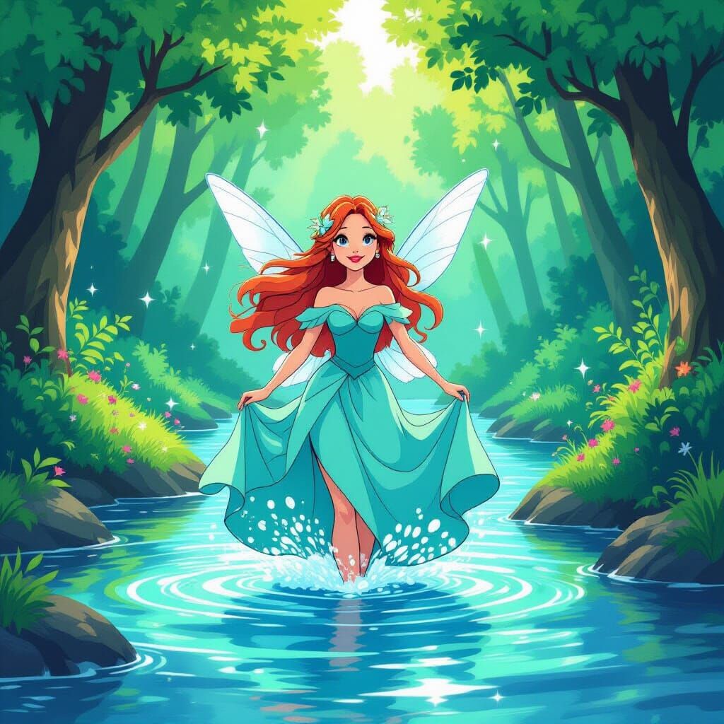 Water Fairy Emerges from River in Toon Style