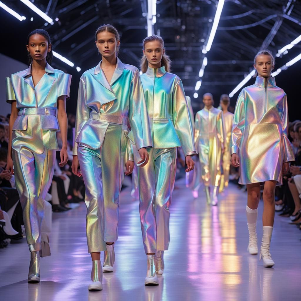 Futuristic Fashion Runway with Iridescent Garments