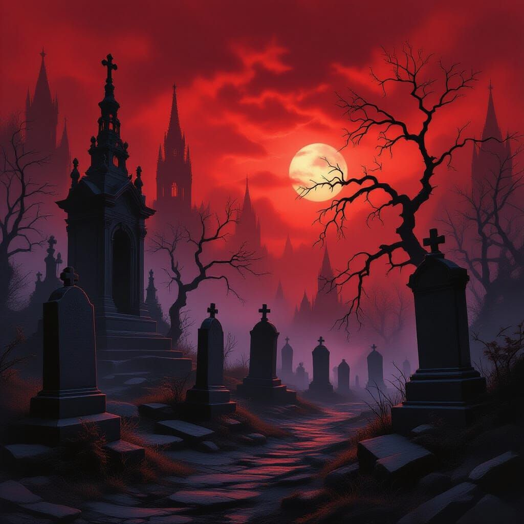 Haunting Graveyard Under Crimson Sky in Dark Fantasy Style