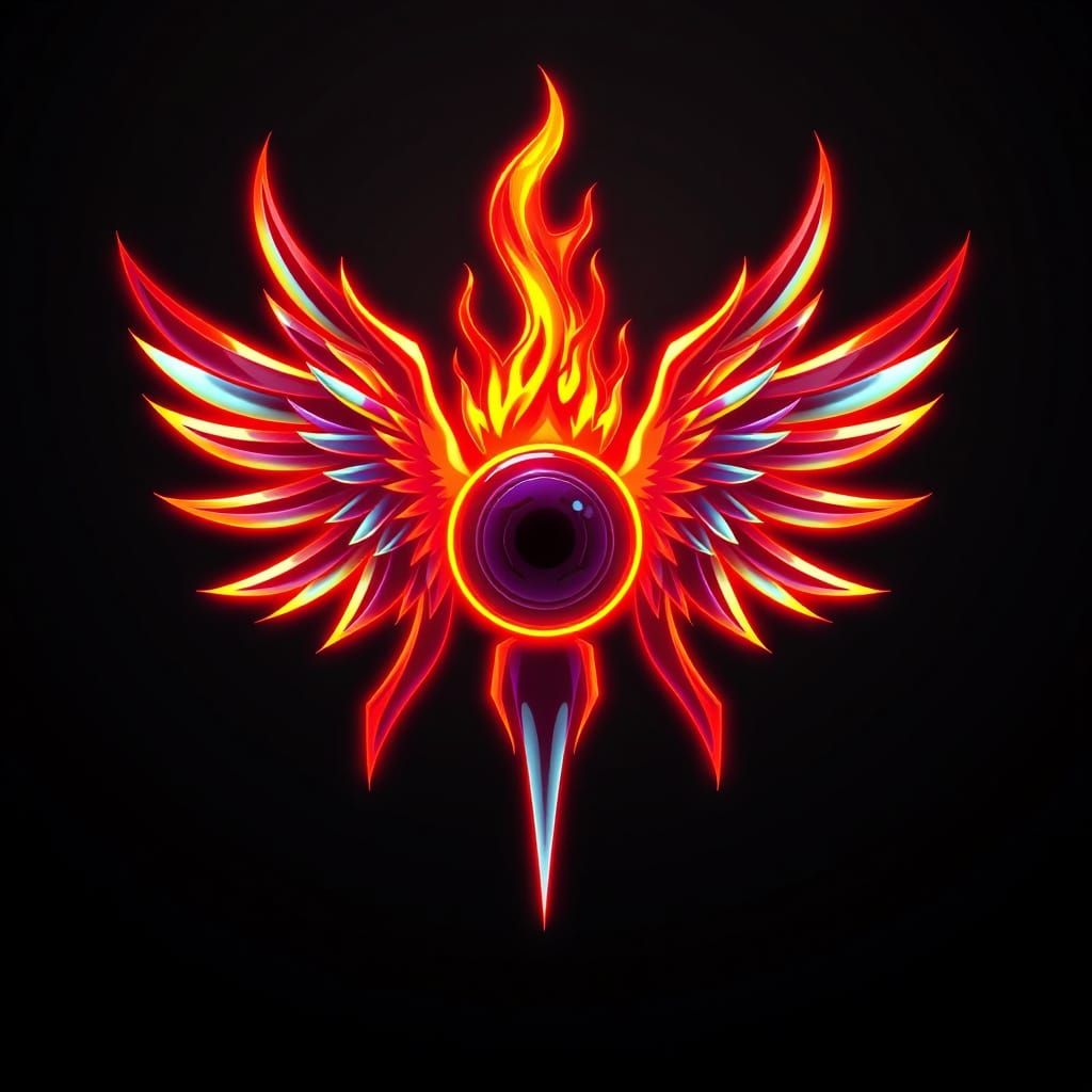 Cyberpunk Logo with Fiery Wings and Metallic Lines