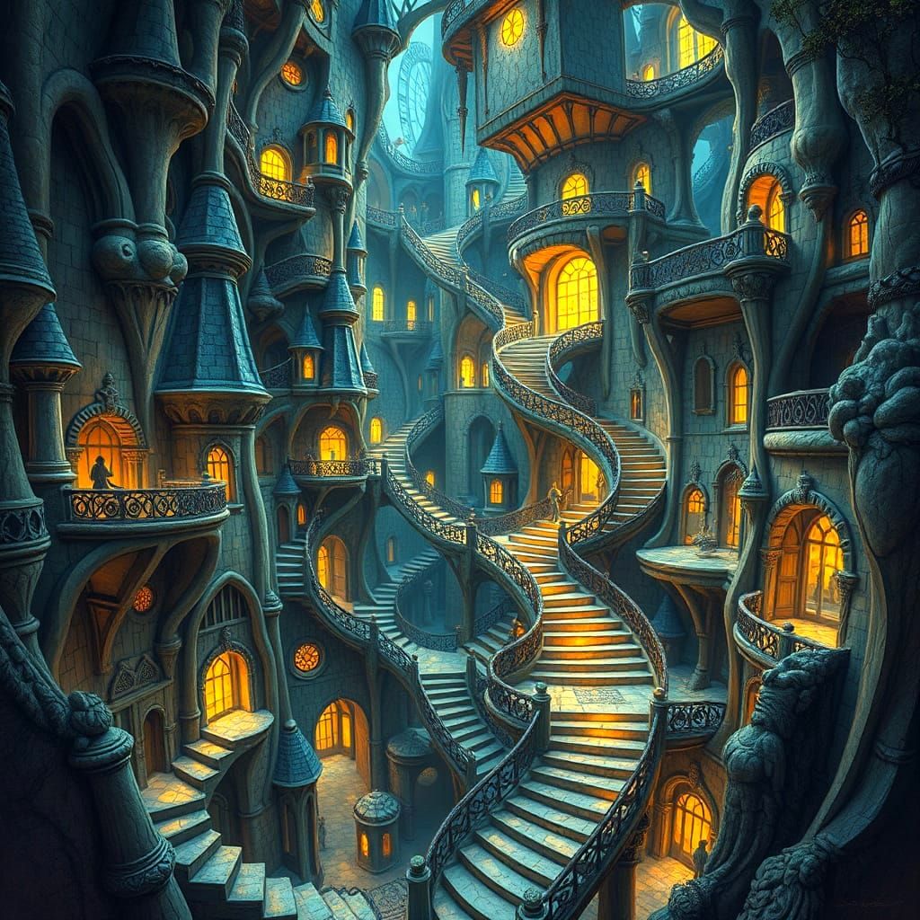 Fantasy Castle Stair Labyrinth in Escher Style