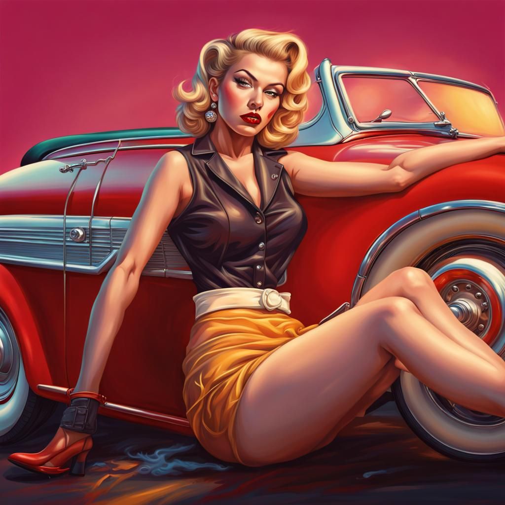1950s Pin-Up Girl on Hot Rod in Splash Art Style
