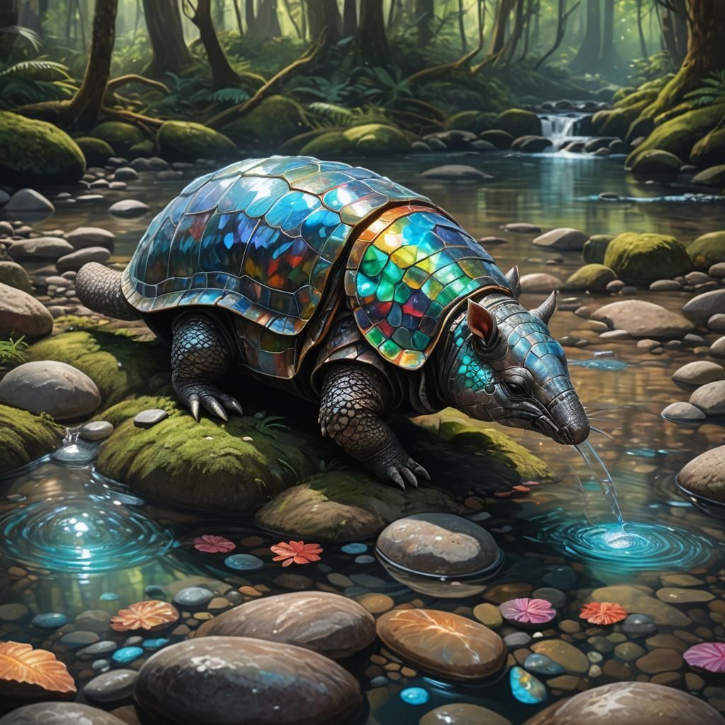 Holographic Armadillo in Enchanted Forest, Hyperrealistic Ar...