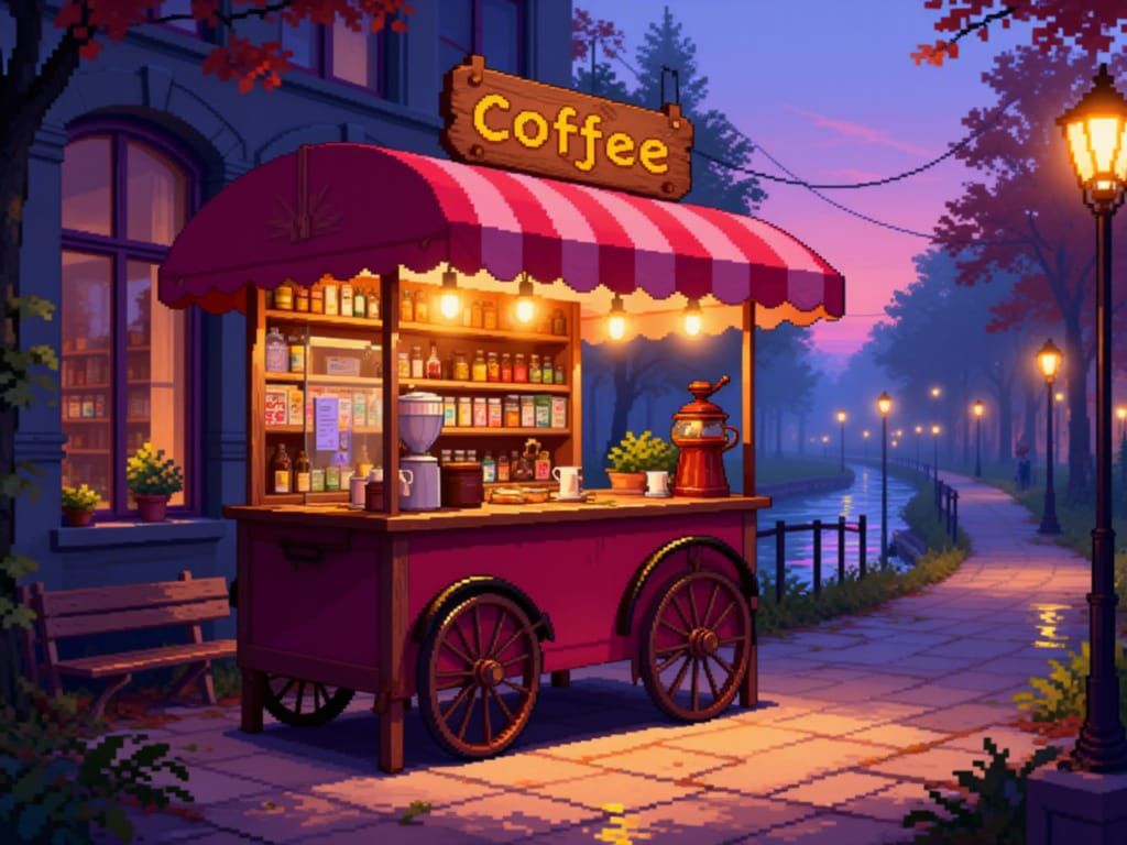Pixel Art Coffee Cart Scene with River View