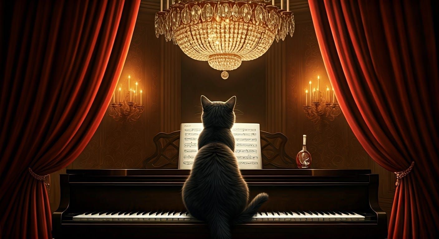 A cat, sitting upright on a grand piano