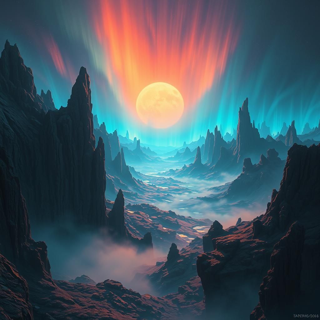 Alien World with Iridescent Aurora, Matte Painting