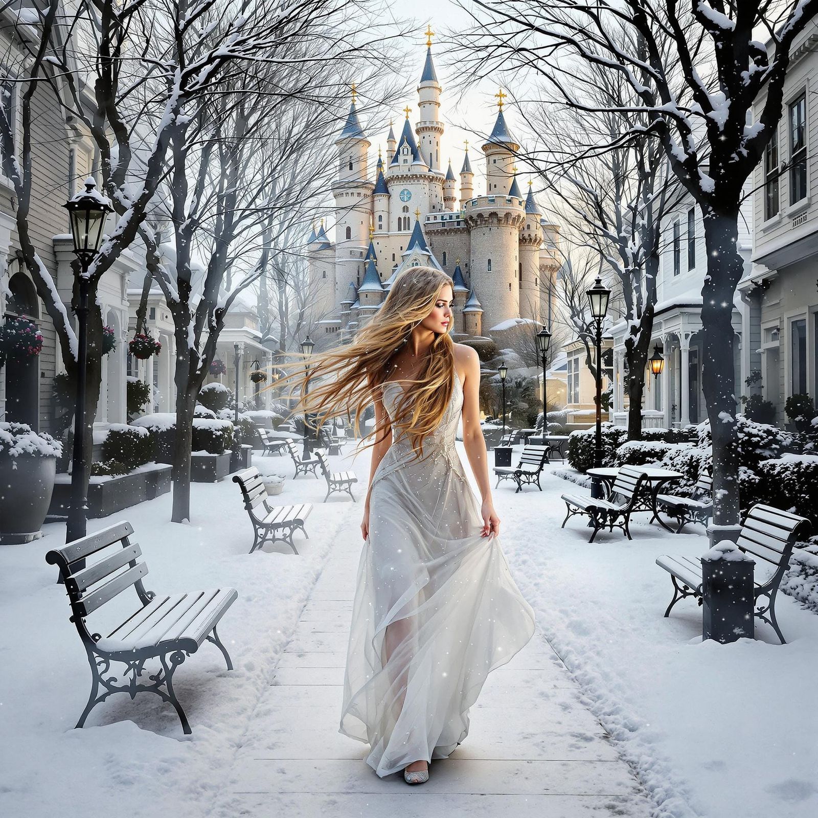 Goddess in Winter Wonderland Scene with Castle