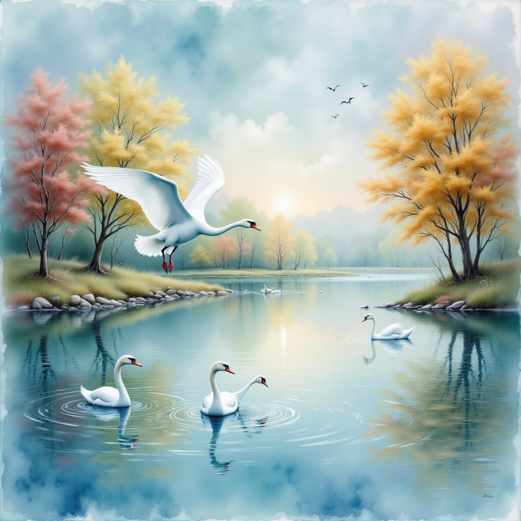 Elegant White Swan Soars Over Vibrant Fall Landscape in Soft...