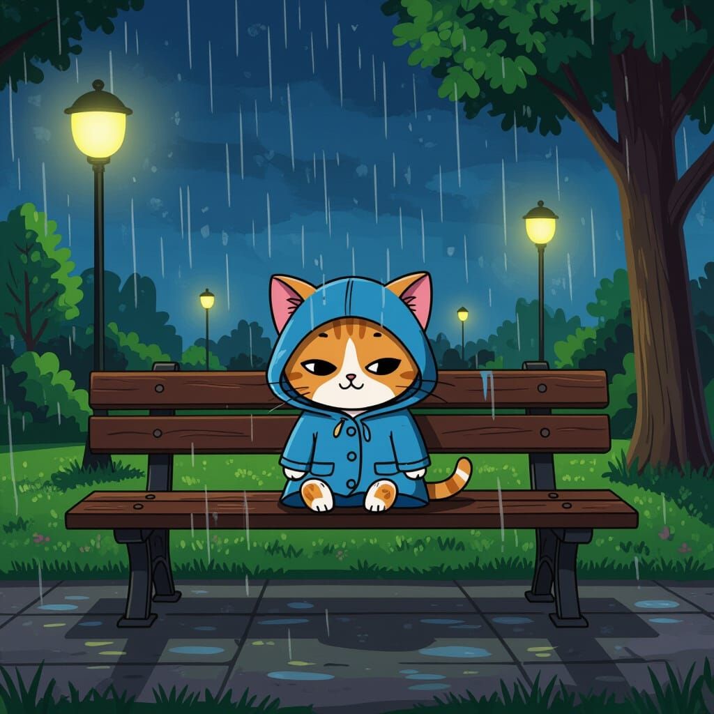 Sad Kitten in Raincoat, Cartoon Style
