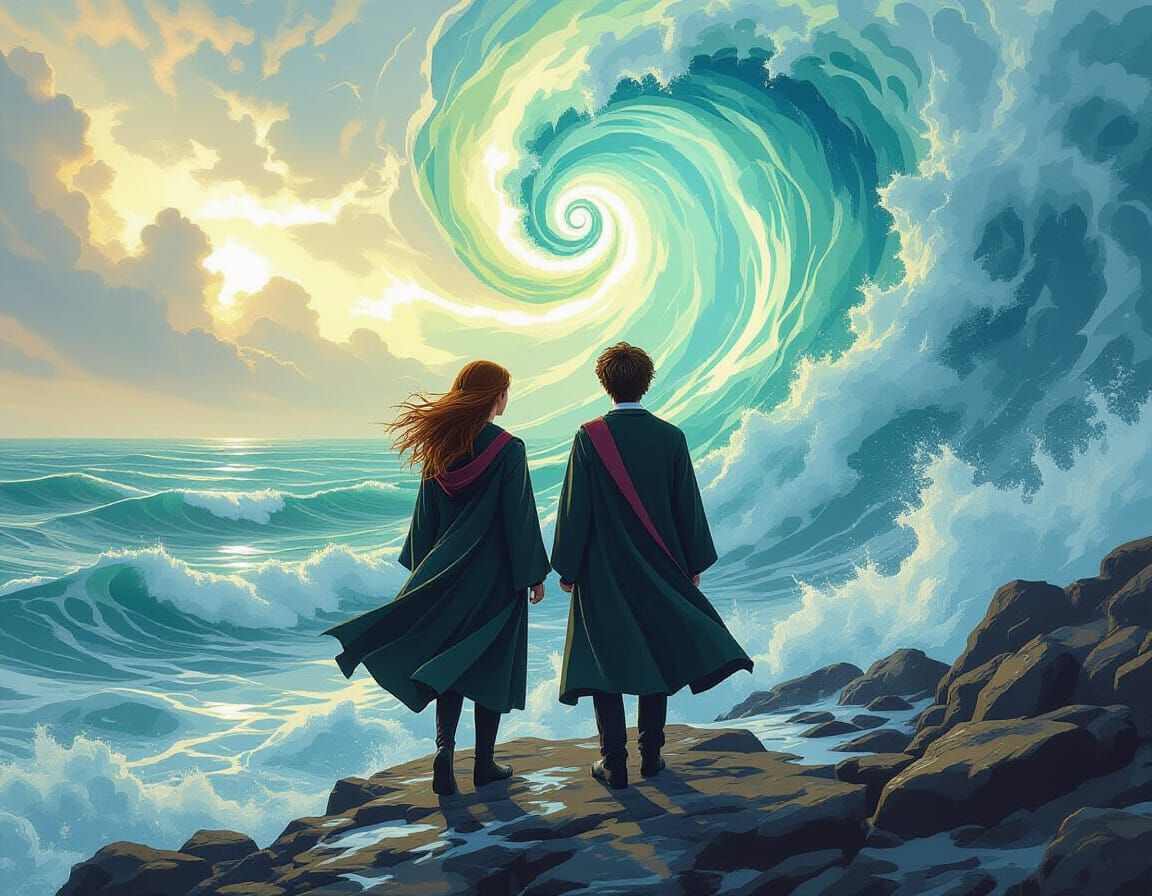 Ginny and Harry on Coastline in Pointillism Style