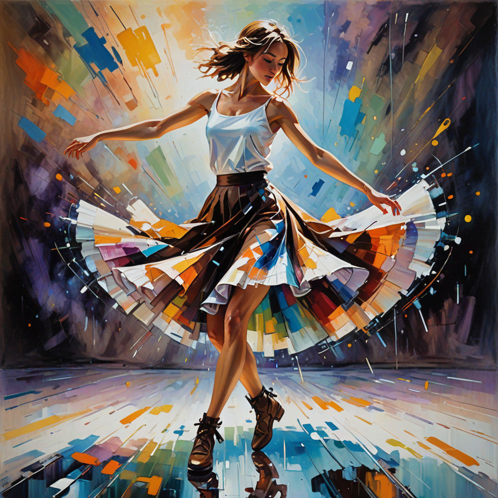 Girl in Whirling Skirt, Dancing on Crystal Floor in Vibrant....