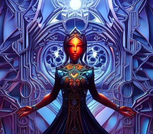 Intricate Cybernetic Woman in Glass Cube, Stained Glass Art