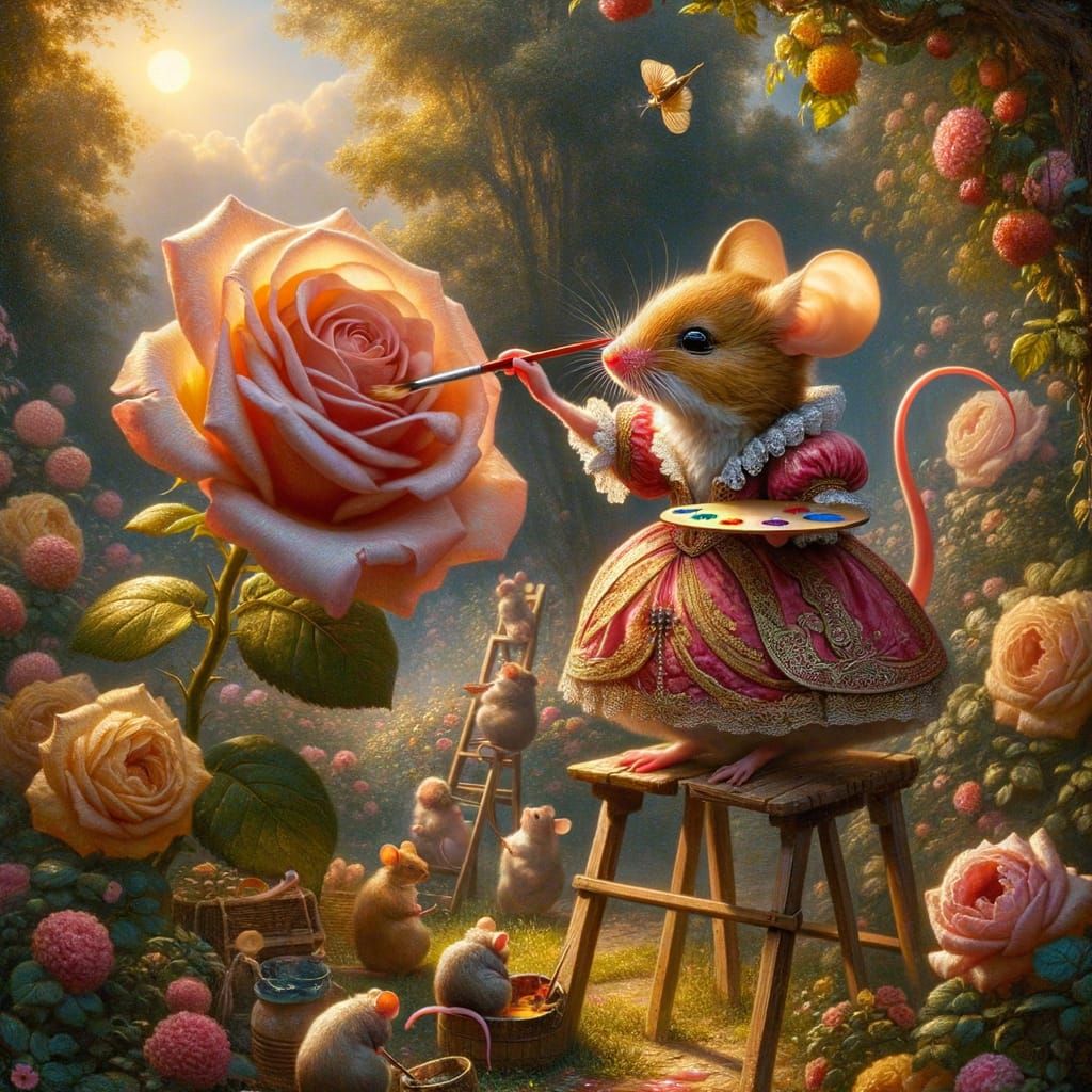 Baroque Mouse Painting a Rose in a Dutch Garden