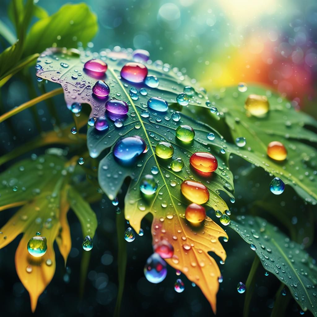 Rainbow Water Droplets on Tropical Leaf: Digital Painting