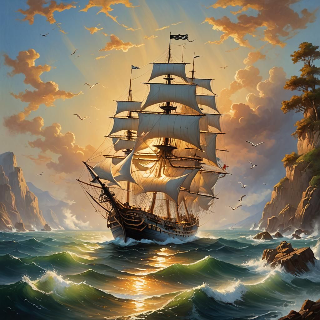 Pirate Ship Sails into Sunset: Oil on Canvas