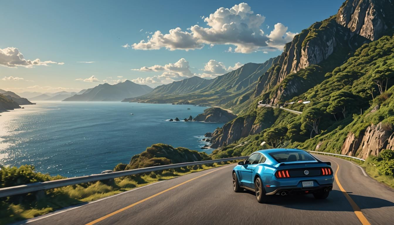 Blue Car on Coastal Road in Golden Sunlight