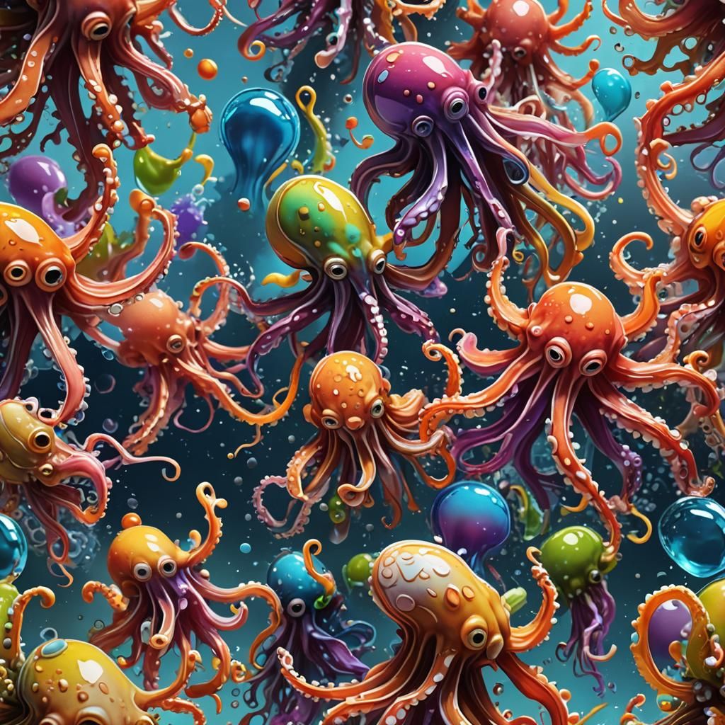 Colorful Squids Drawn in Hyperrealistic Splash Art