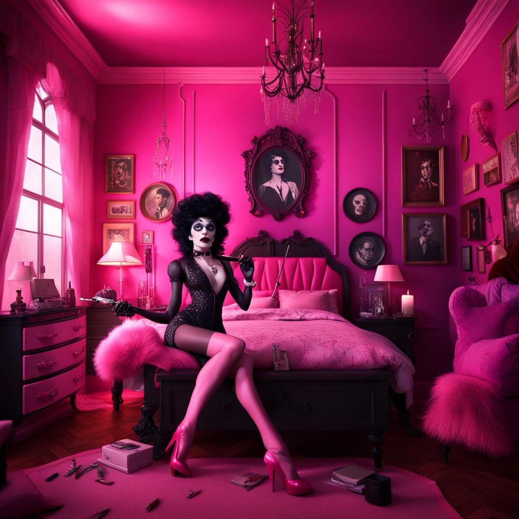 rocky horror picture show Dr Frank-N-Furter in a pink girly bedroom
