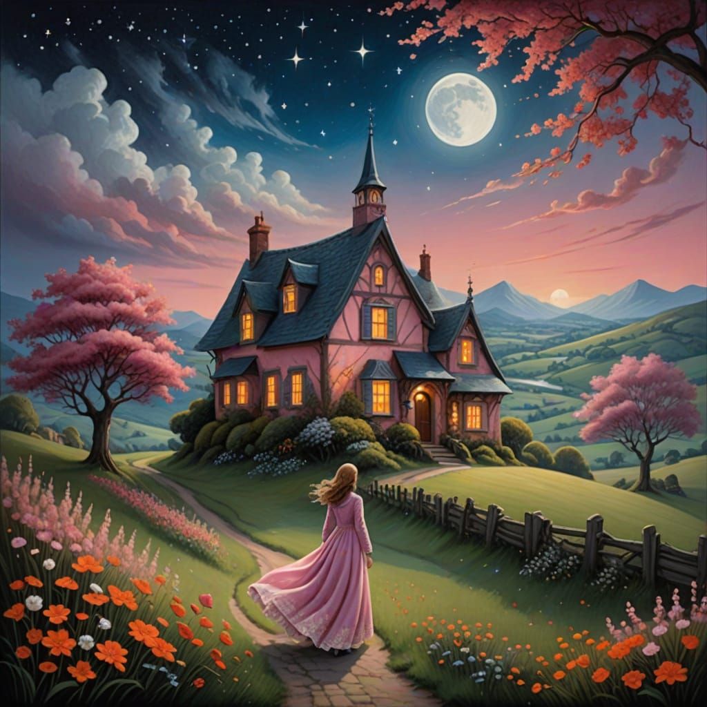 Whimsical Cottage Under Mystical Tree in Dreamy Landscape