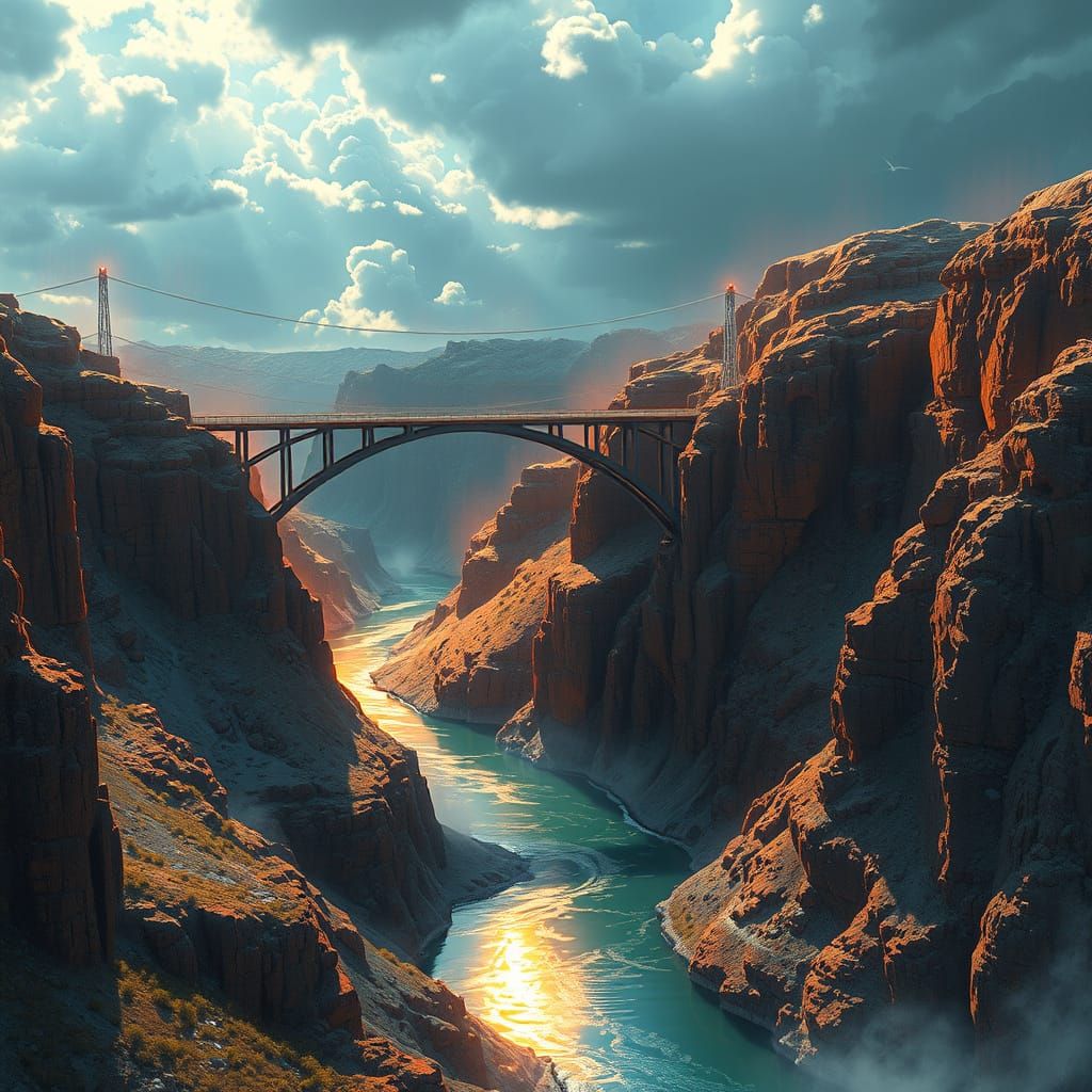 Vibrant Rio Grande Gorge Bridge Concept Art in Triadic Color...