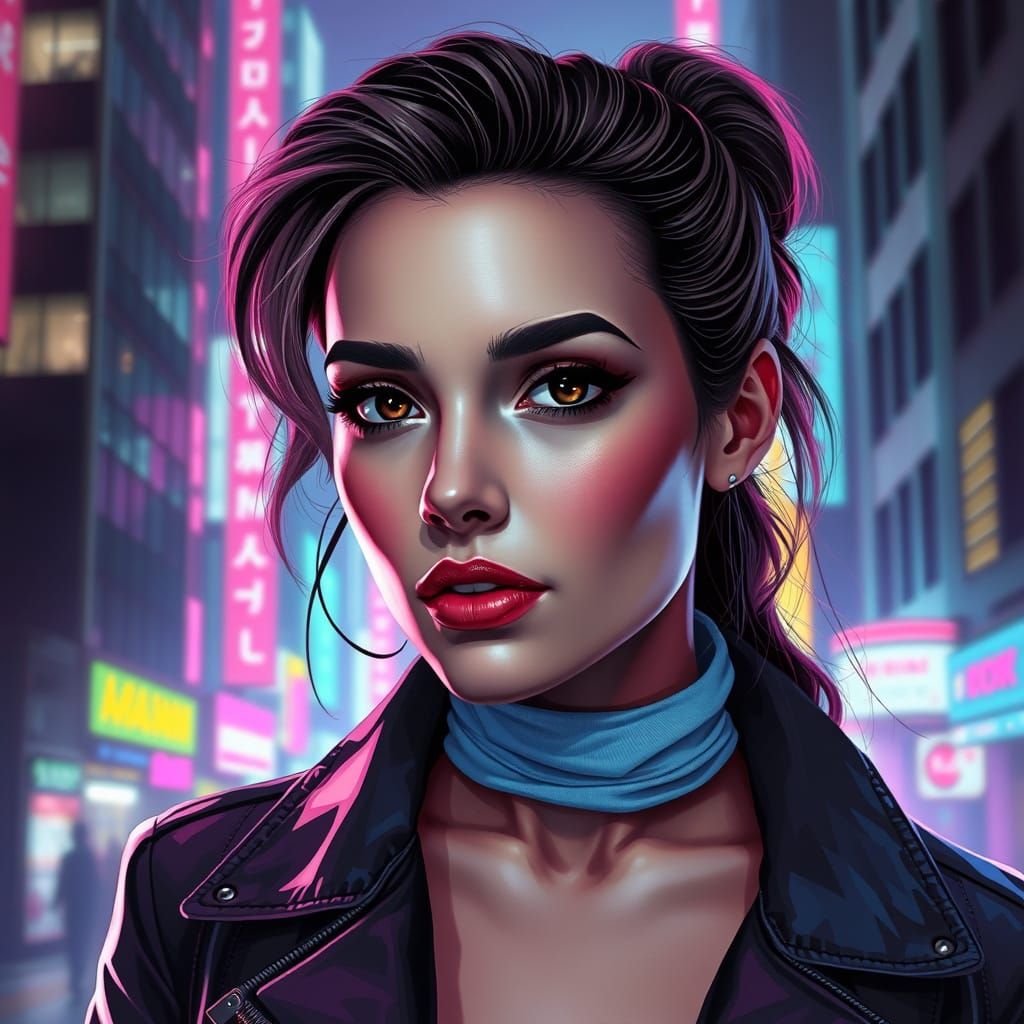 Cyberpunk Woman in Neon Cityscape