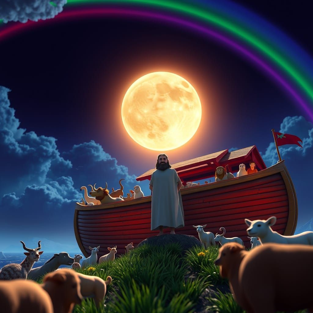 Noah's Ark Under Moonlight: Pixar-Inspired 3D Art