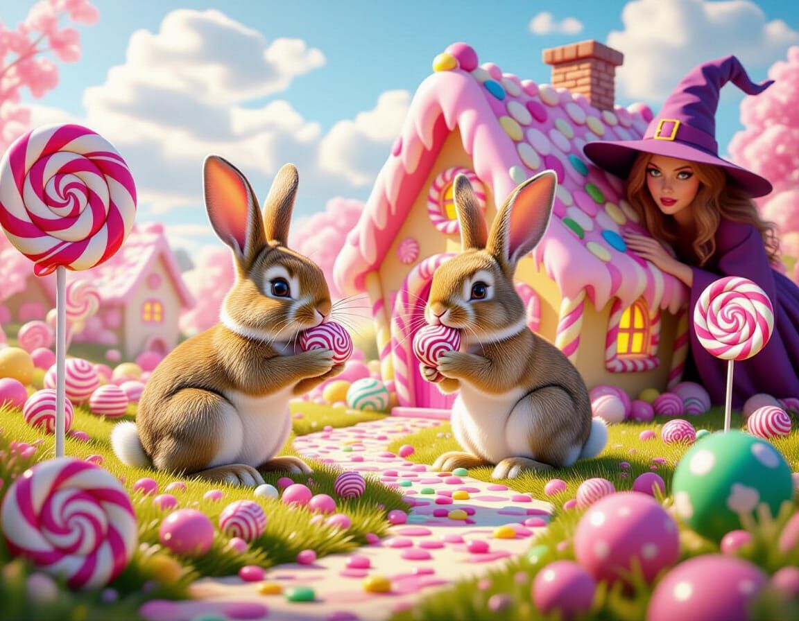 Hansel and Gretel Rabbits in Candyland: Digital Illustration