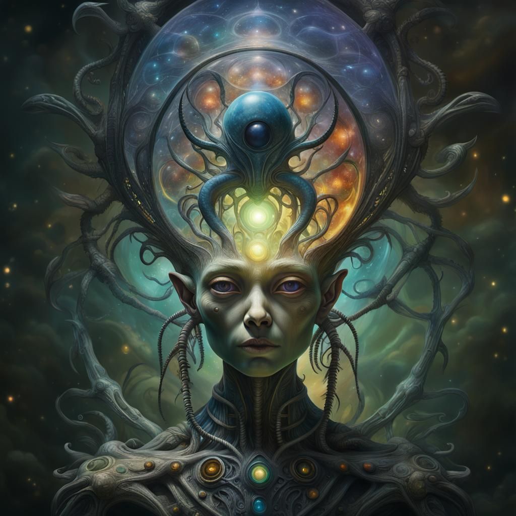 Mystical Alien Oil Painting in Solarpunk Style