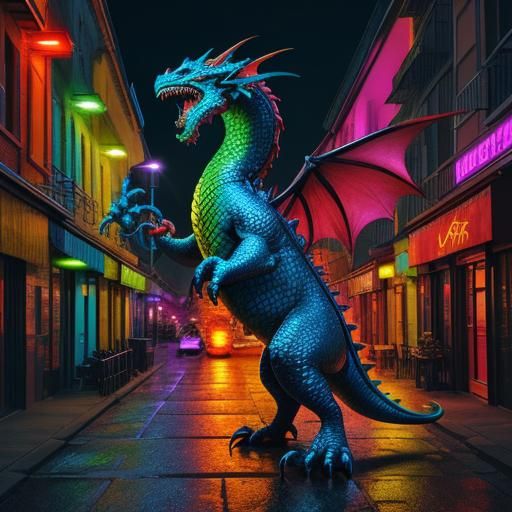 Fiery Dragon Street Art in Polychromatic Colors