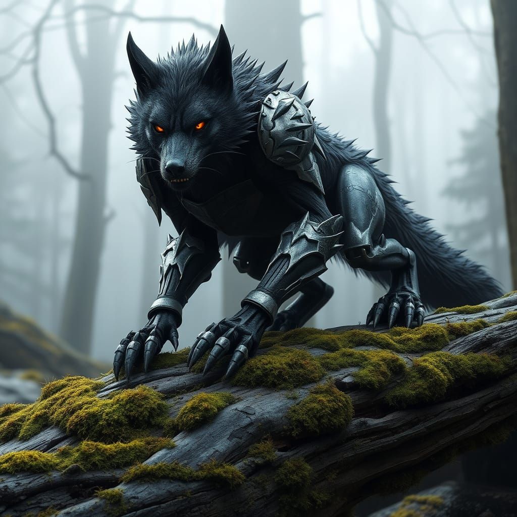 Fierce, Armored Wolf Creature Emerges from Mystical Forest