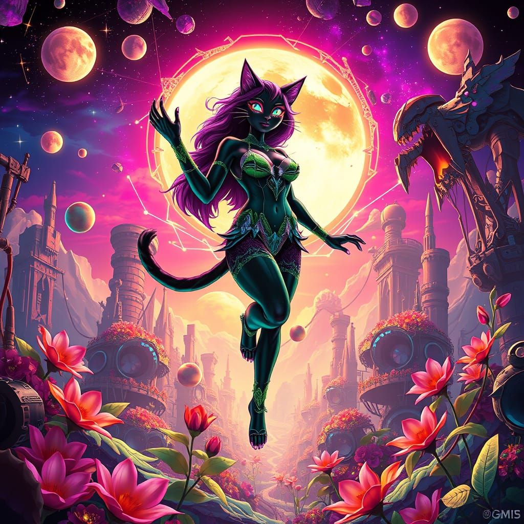 Nyma: Half-Cat Goddess in Dream Landscape