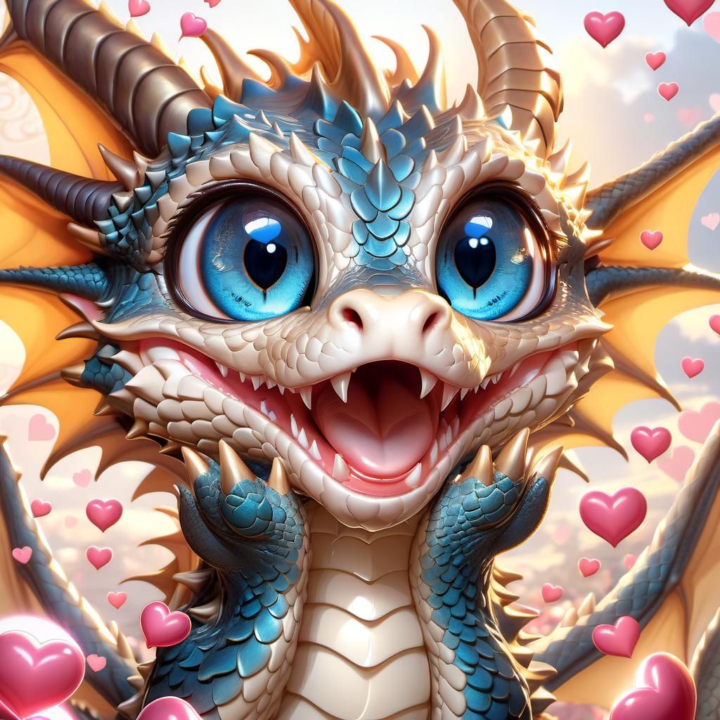 Adorable Dragon Surrounded by Hearts: A 3D Anime Portrait