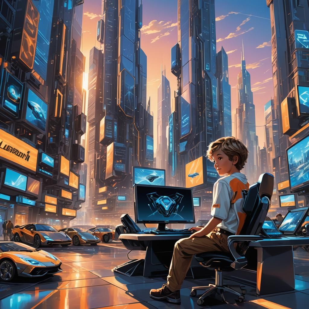 Boy Envisions Futuristic City with Neon Cars