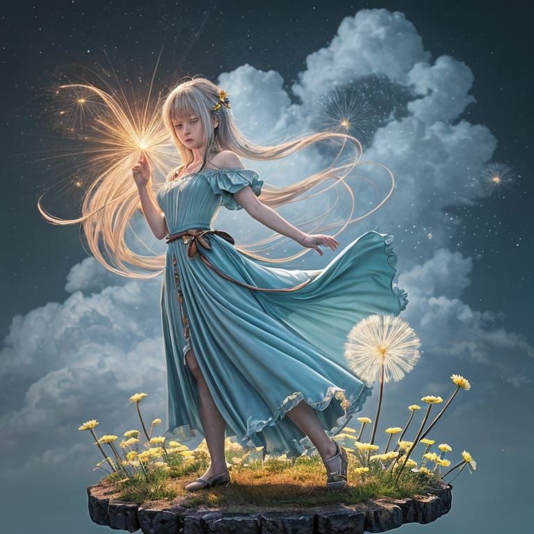 Romantic Scene of a Woman Among Dandelion Flowers in the Clo...