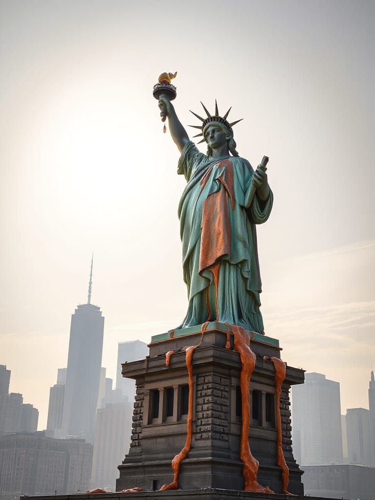 Melting Statue of Liberty in Surreal Dystopia