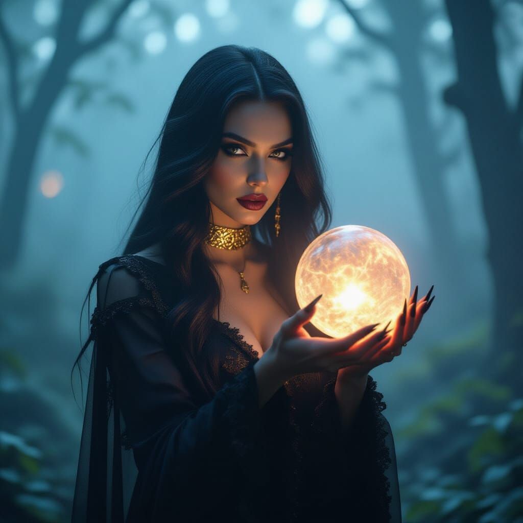 Mysterious Sorceress in Bioluminescent Forest