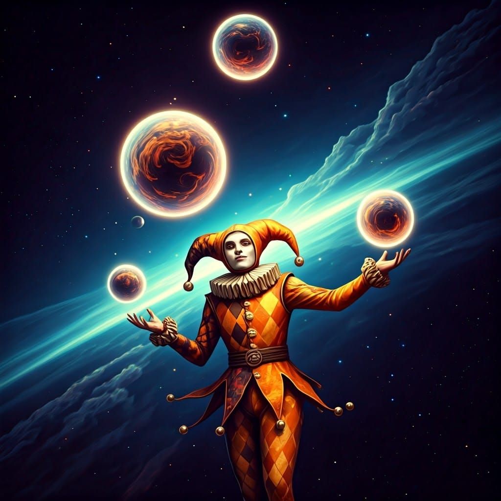 Regal Jester Juggles Glowing Planets in Vibrant Nebula