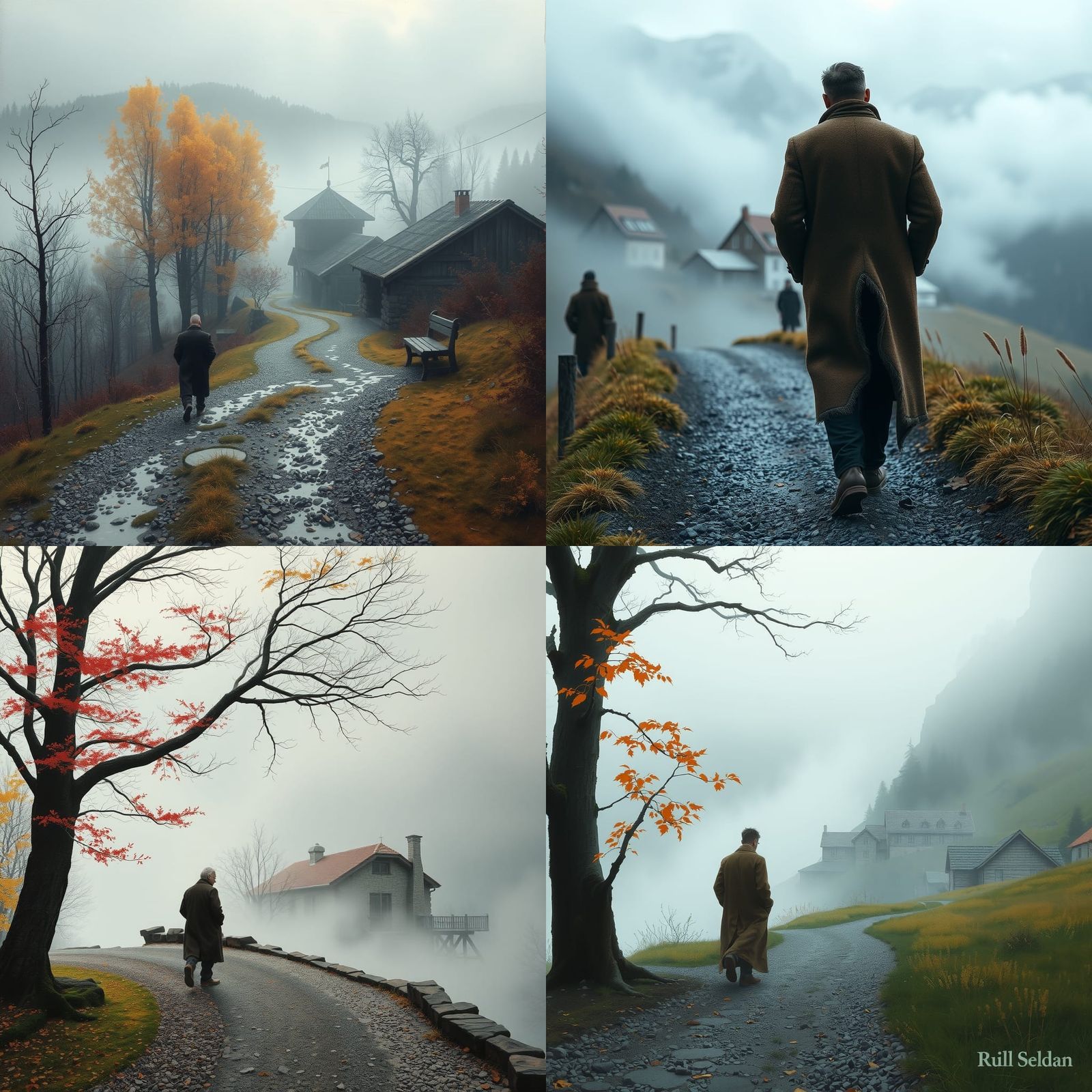 Man Walks Misty Path as Impasto Painting