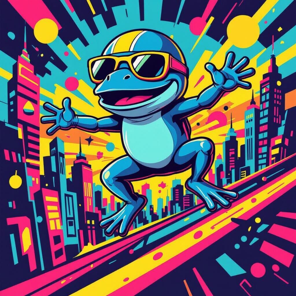 Crazy Frog Leaping Through Abstract Cityscape in 80s Pop Art...