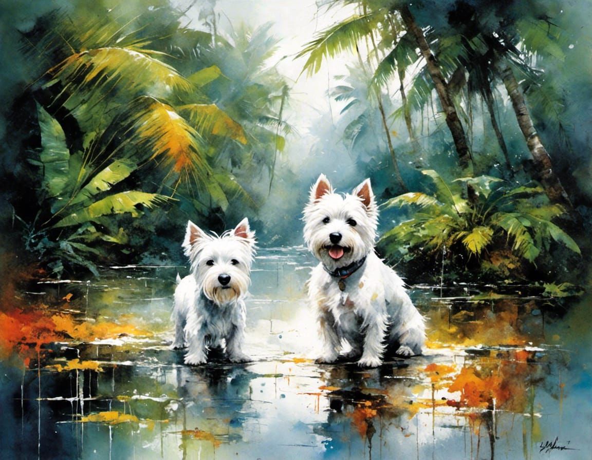 Westie in Florida Downpour: Graffiti Art Style