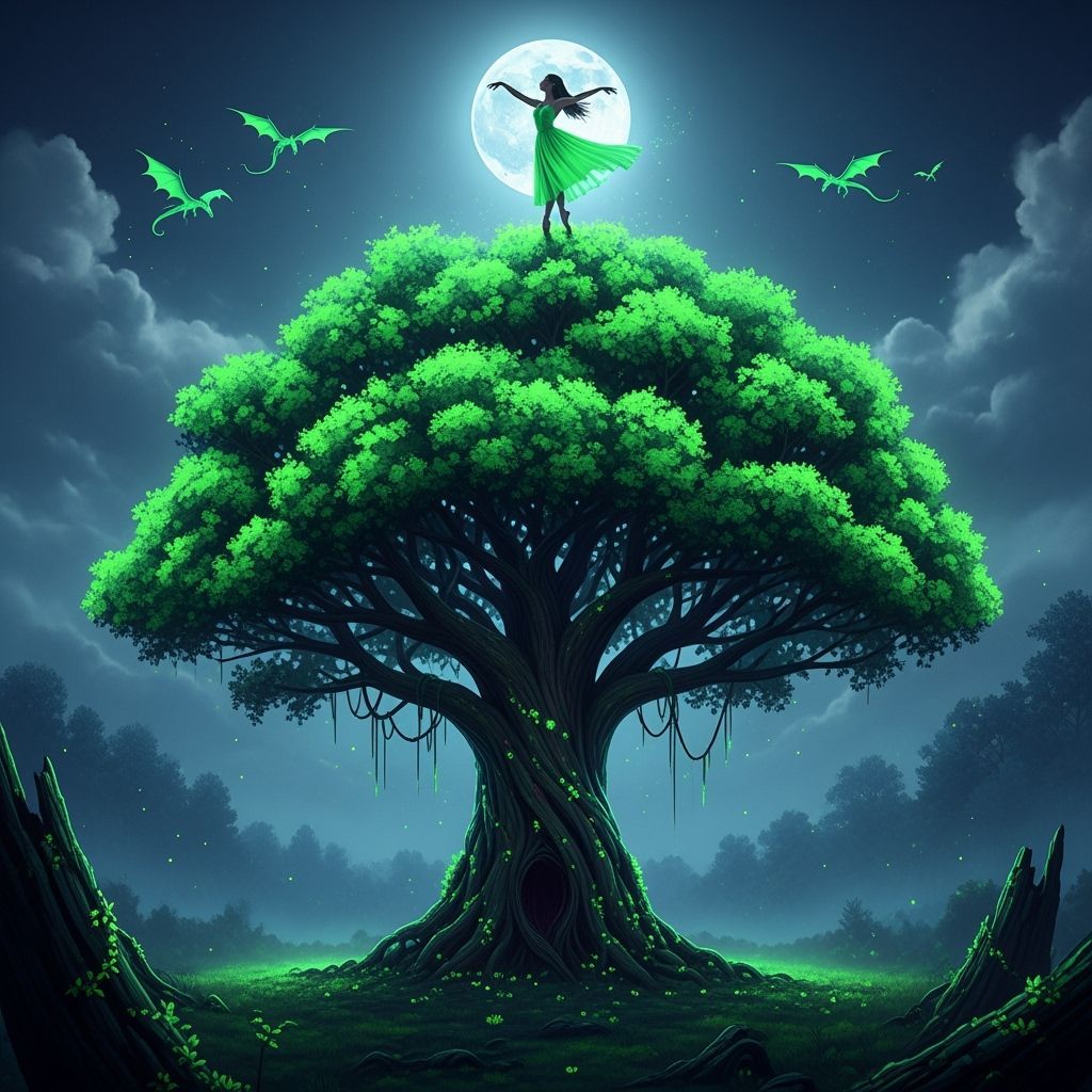 Neon Foliage Tree with Ballerina, Digital Matte Painting