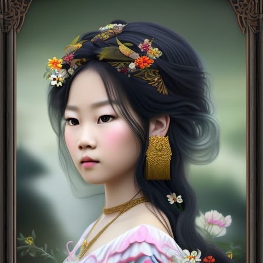 Elegant Hmong Girl with Flowing Hair in Art Nouveau Style
